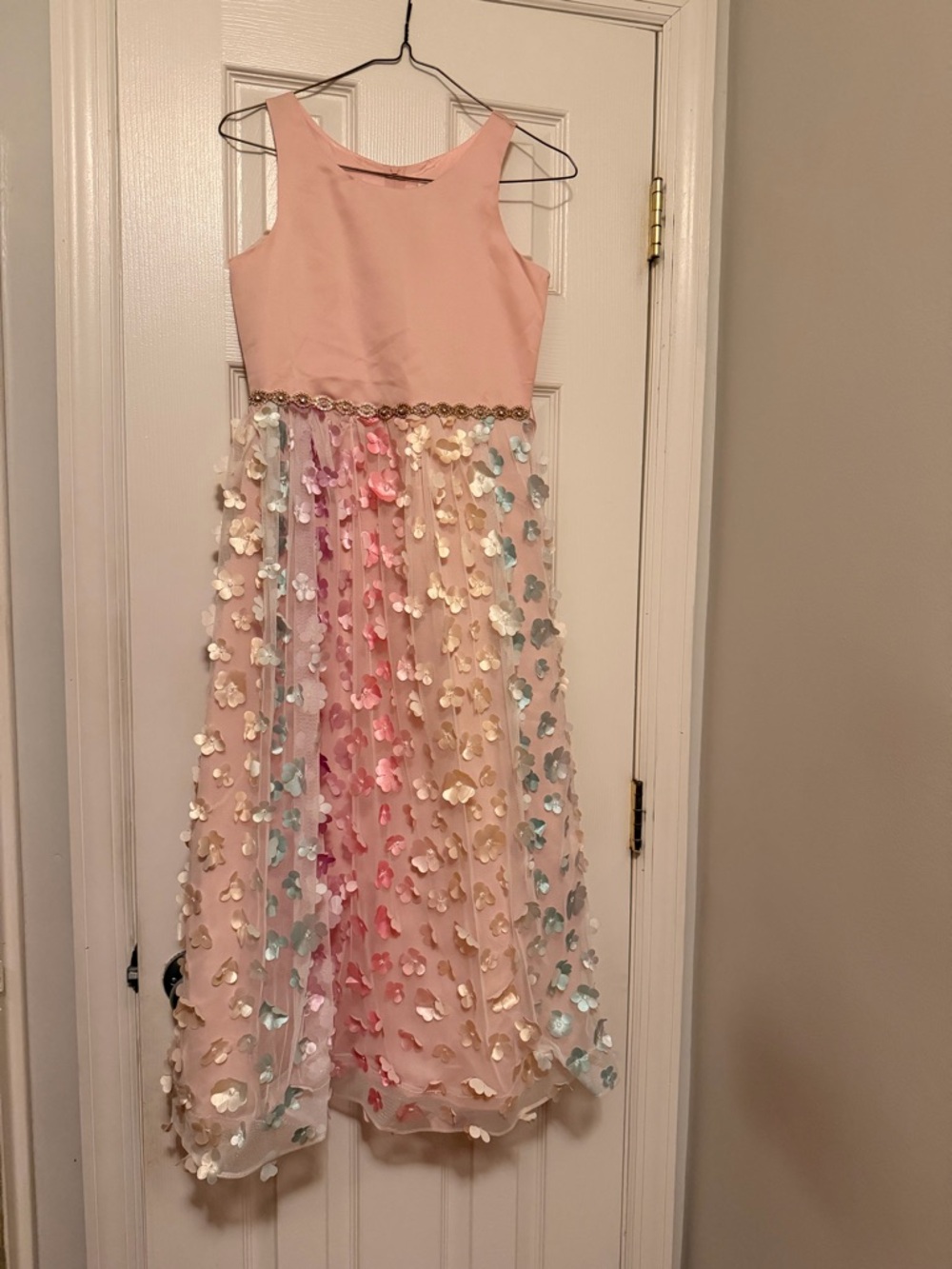 Rare Editions Pink Sleeveless Tulle Dress with Pastel Floral Appliqués
